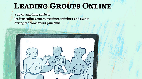 A green illustrated image of people talking with the title Leading Groups Online