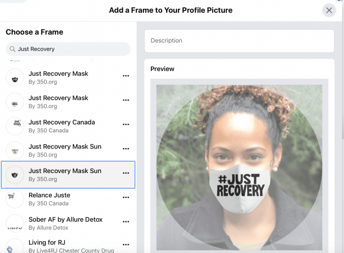 A screenshot of the Just Recovery Mask profile picture generator tool on Facebook with sample photo of a woman wearing a white facemask displaying the words Just Recovery